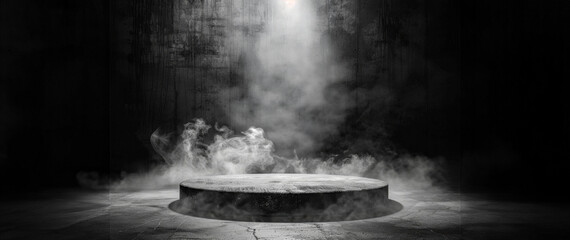 Mystical stone podium enveloped in smoke and light - obrazy, fototapety, plakaty