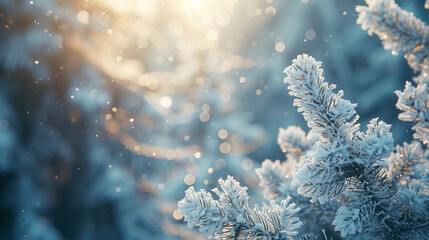 Winter scene with snowcovered pine trees, frost glistening on branches, ideal for holiday backgrounds and seasonal themes
