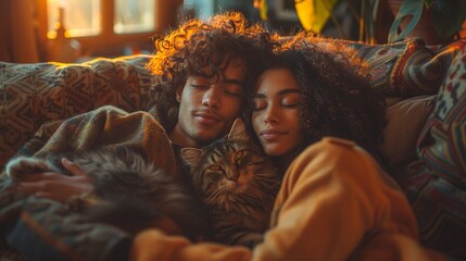 A lover are cuddled up on the couch with their adopted pets surrounded by cozy blankets and pillows