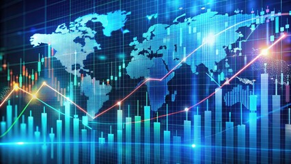 Global financial data, stock market growth, and world map background. Business analytics and technology concept