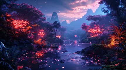 An alien planet teeming with exotic flora and fauna bathed in the glow of bioluminescent plants 