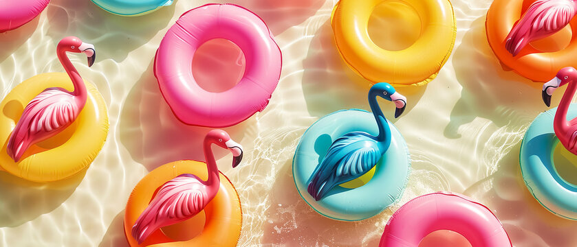 Colorful famingo rubber ring floting on tropical sea beach in fresh moody.for summer wallpaper design background.holiday activity relaxation