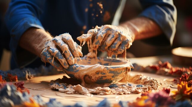 b'A potter shapes a bowl out of clay on a pottery wheel'