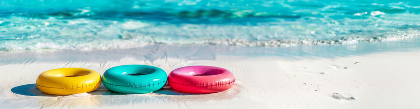 Colorful rubber ring floting on tropical sea beach in fresh moody.for summer wallpaper design background.holiday activity relaxation