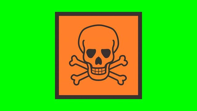 Appearance of an orange and black square sign with a skull and two bones of mortal danger coming from above on a green background, transparent background with alpha channel