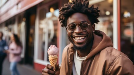 b'Happy African American man eating ice cream on the street'