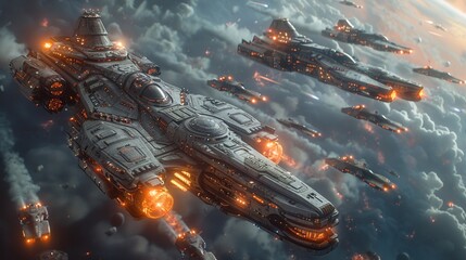 Through realistic stock photo style viewers are thrust into the heart of epic space battles between massive starships - obrazy, fototapety, plakaty