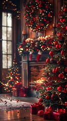 b'Christmas tree with red and gold ornaments and a fireplace'