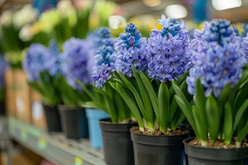 Many blue violet flowering hyacinths in pots are displayed on shelf in floristic store or at street...