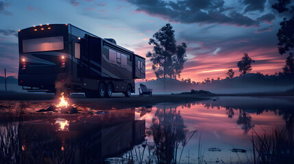 The Allure of Freedom: A Luxury RV Parked by a Tranquil Lake at Sunset