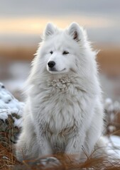 Obraz premium Samoyed dog breed fluffy white thick fur looking away