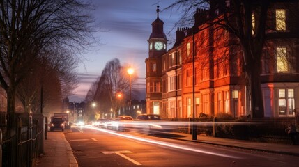 b'Night view of a residential street in London'