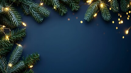 Christmas tree branches with fairy lights on dark blue background