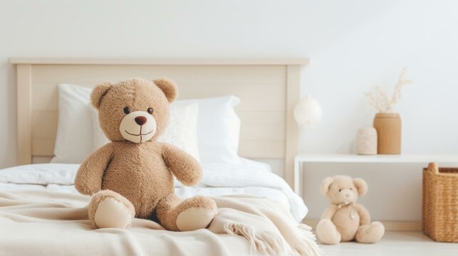 b'A cute teddy bear sitting on a bed'