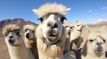 Obraz premium b'A group of alpacas looking at the camera'