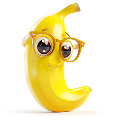 Intelligent banana character with glasses on white background