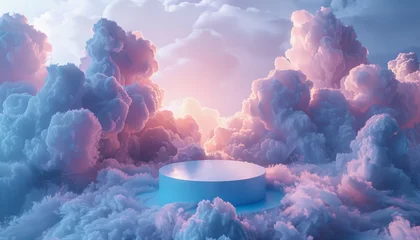 Fotobehang A digital art piece featuring a surreal landscape with a blank circular pedestal surrounded by fluffy pink and blue clouds. © Rup-pa