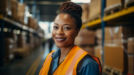 b'Portrait of a smiling African American woman in a warehouse.'