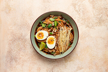 soba, buckwheat noodles, with enoki mushrooms, shimeji and boiled egg, top view, homemade, no people,