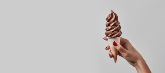 Close up shot of female hand holding ice cream cone.Hello summer and relaxation concepts.sweet taste dessert and healthy eating ideas