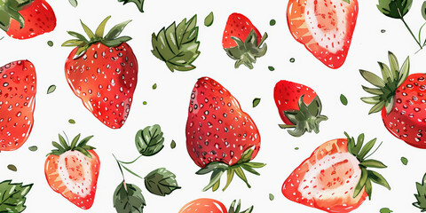 Illustration of whole and half-cut strawberries scattered with leaves on a white background.