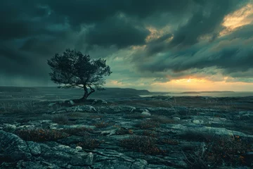 Poster b'A lone tree stands on a rocky hilltop overlooking a vast body of water. The sky is dark and stormy, with a single beam of sunlight breaking through the clouds.' © Molostock