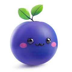 Blushing blueberry character with cute eyes and leaves on white background
