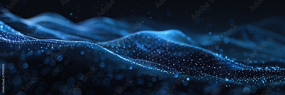 Poster Abstract blue digital background with a wave of dots and lines, futuristic high-tech design concept.