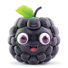 Surprised blackberry character with a leaf on white background