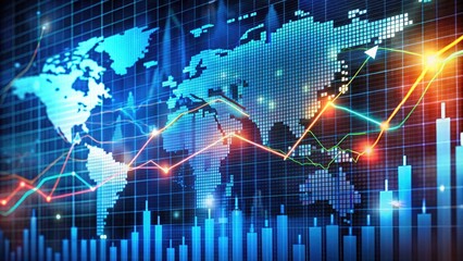 Global financial market data with world map background, stock market analysis, economic growth and business trends visualization