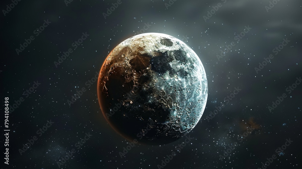 Wall mural eclipse: a 3d illustration of a partial lunar eclipse, showing a portion of the moon passing into th
