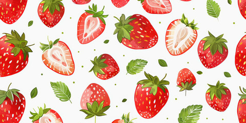 A patterned background with whole and half strawberries interspersed with green leaves and small seeds. Bright, cheerful, and fresh design.