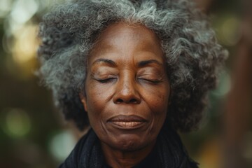 Grateful Senior African American woman closing eyes in Spiritual contemplation standing outside, close-up face of one black elderly gray hair lady in 80s feeling presence of GOD - Powered by Adobe
