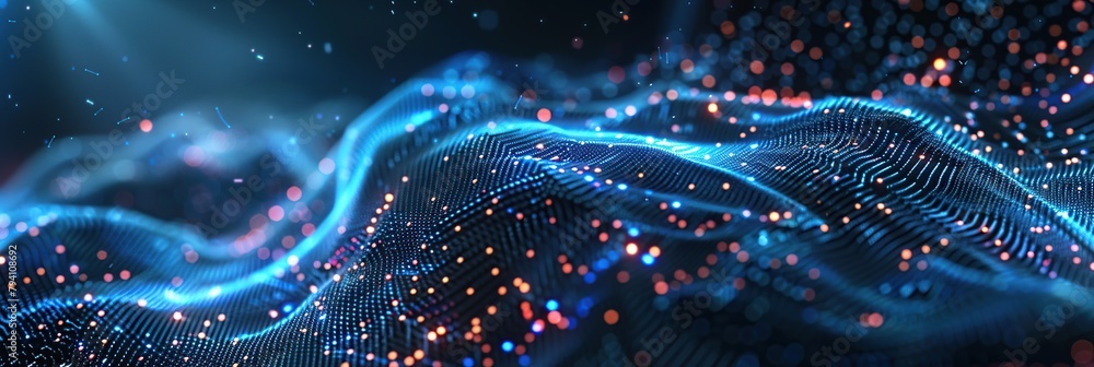 Poster Abstract digital background with a wave of dots and mesh, futuristic design concept. Big data technology concept.