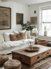 A cozy living room with a white sofa, coffee table, rug, and plants