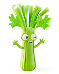3D celery character with a surprised expression and waving hand on white background