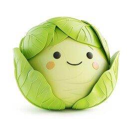 Shy cabbage character peeking out of leaves on white background