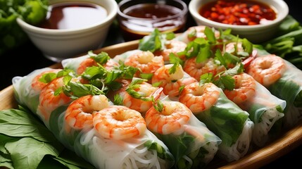b'Fresh and delicious Vietnamese spring rolls with shrimp, rice noodles, vegetables, and herbs, served with dipping sauces' - obrazy, fototapety, plakaty