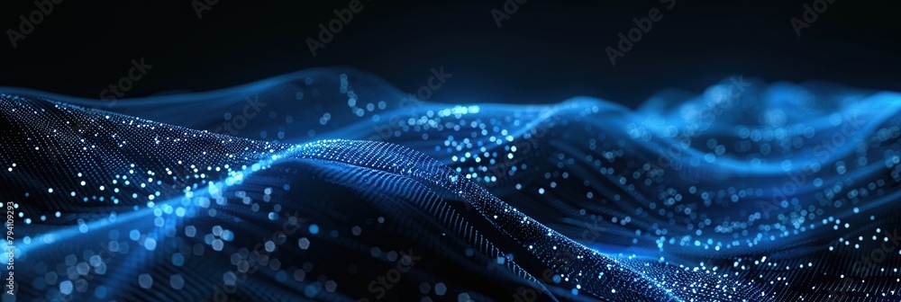 Poster Abstract digital background with a blue wave of dots and mesh, data transfer futuristic technology concept.