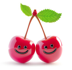 Two funny cherry characters connected by a single stem with two leaves, on white background
