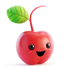 3D cherry character with a leaf and a joyful expression on white background - 794109263