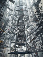 Walking Under Ladders and Obsessive-Compulsive Disorder (OCD): Intricately detailed ladders suspended in a surreal atmosphere symbolize the compulsive need to avoid OCD triggers.