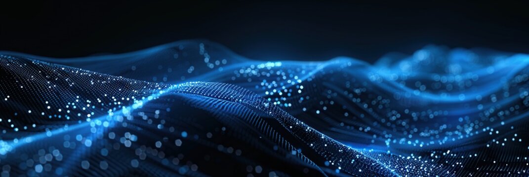 Abstract digital background with a blue wave of dots and mesh, data transfer futuristic technology concept.