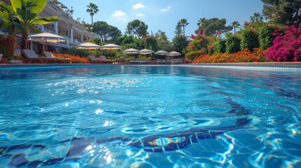 b'Swimming pool with sun loungers and parasols in a tropical garden'