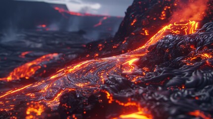 A timelapse of colorful lava slowly flowing and swaying down a volcanic slope, perfect for a nature documentary. - obrazy, fototapety, plakaty