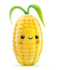 Cute cartoon corn with green leaves and a smiling face on white background