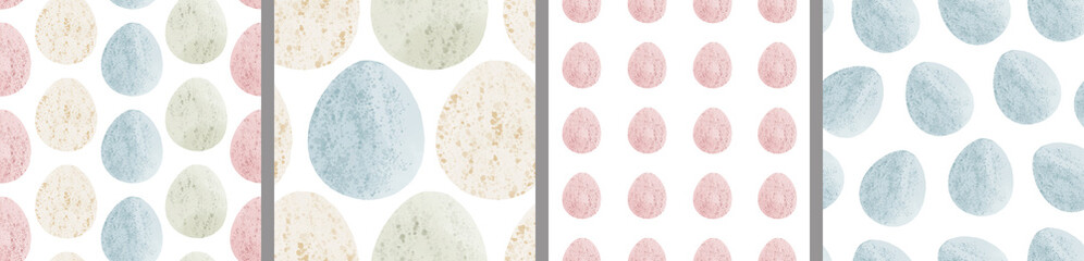 Watercolor set of seamless patterns. Collection of hand drawn pastel Easter eggs