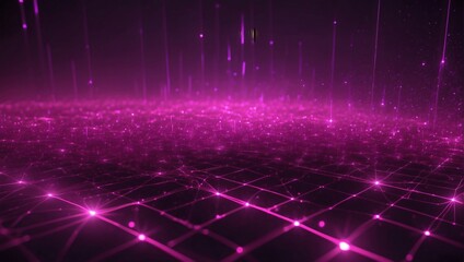 Abstract Deep Magenta Digital Background with Sparkling Magenta Light Particles and Regions with Boundless Depths. Particles Form into Lines, Surfaces, and Grids.