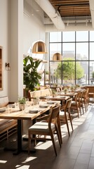 b'Elegant restaurant interior with natural lighting and stylish furniture'