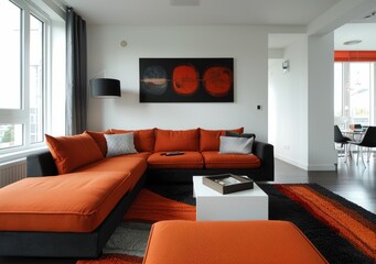 Scandinavian living room with orange sofa and colorful rug
